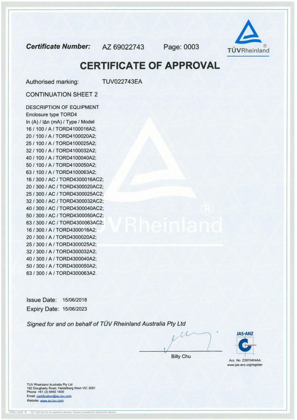 TUV SAA AS/NZS 61008 Certificate