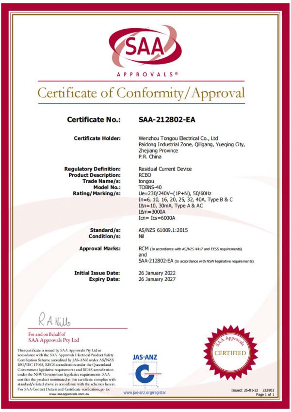 TOBNS-40-RCBO-SAA-Certificate