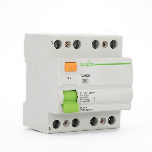 The 4P 63A RCCB RCD from TONGOU automatically opens the circuit in the event of a ground fault during operation.